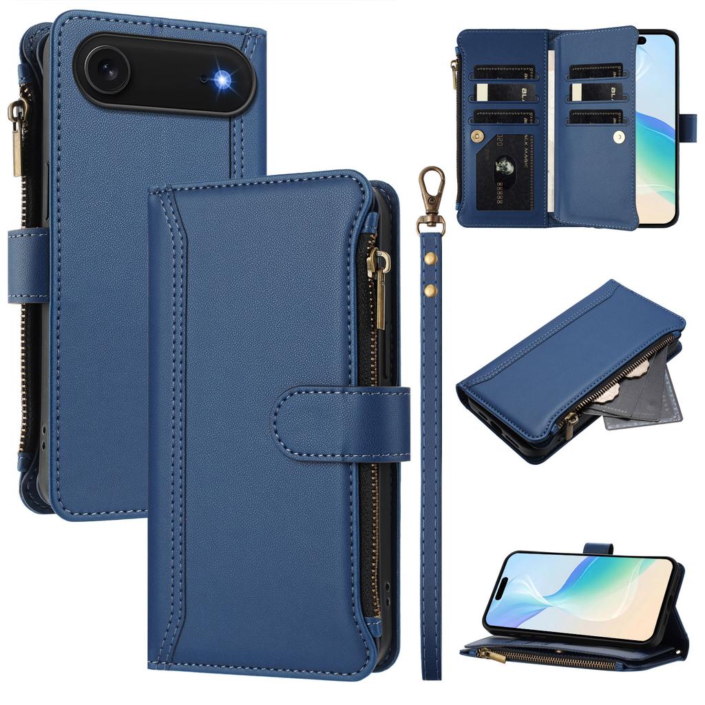 For iPhone 17 Air Leather Case 9 Card Slots Zipper Wallet Stand Phone Cover with Wrist Strap