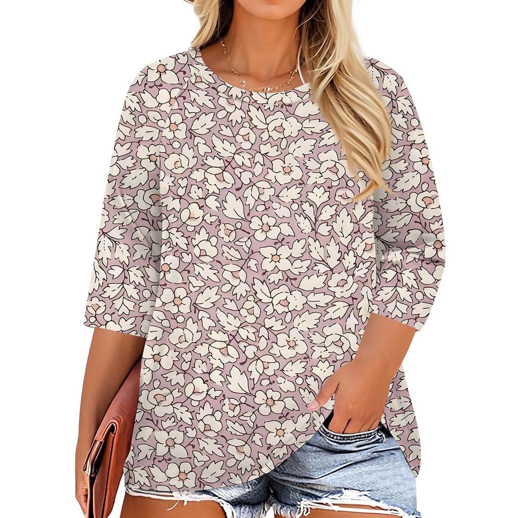 Women's Fashion Casual Print Round Neck 3/4 Sleeve T-Shirt Top
