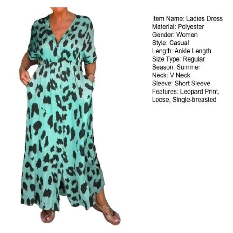 Leopard Print Women Maxi Dress V Neck Single Breasted Contrast Color Pockets Tight Waist Loose Ankle Length Soft Split Hem Lady Dress