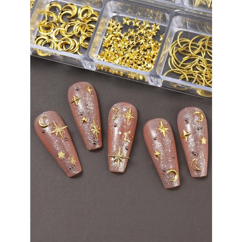 12 Grids Gold Moon Star Metallic Nail Charms 3D Y2K Jewelry Rhinestones Steel Ball Nail Art Decoration Manicure Supply Diy Nail Supplies