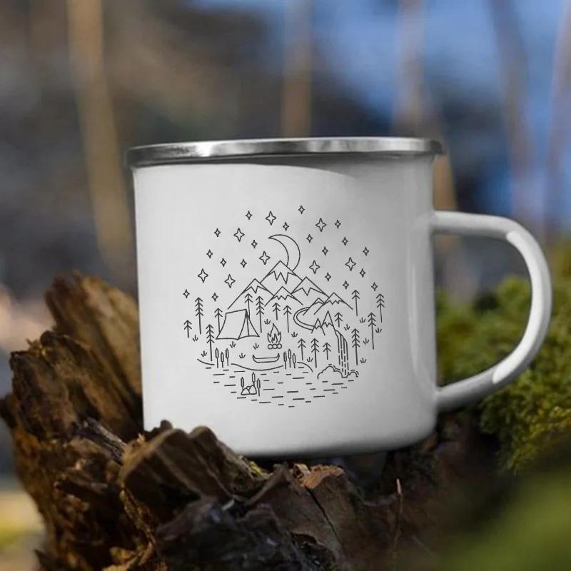 Stampa 'Le Montagne Aspettano' Tazza Smaltata Creativa Campeggio Caffè Tè Acqua Latte Tazze Manico Bicchiere Vacanza Escursionismo Regalo
