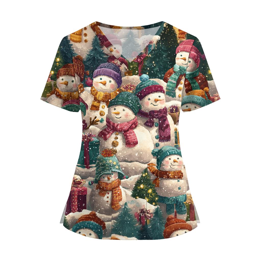 Women's Fashion V-Neck Short Sleeve Overalls With Pockets Print Tops Clothes