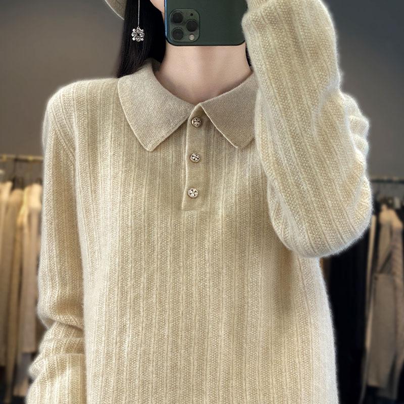 Lapel Buckle Cardigan for Women In Autumn and Winter Ultra-fine Wool Knitted Base Sweater Warm and Versatile Long-sleeved Top