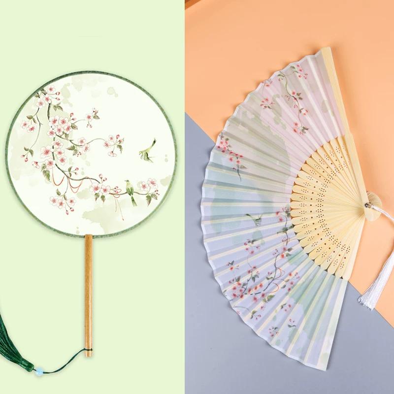Archaistic Circular Fan Long Handle Tassel Kids Small Folding Fan Semi-Transparent Costume Women's Han Chinese Clothing Cheongsam Fan Summer Dance Fan