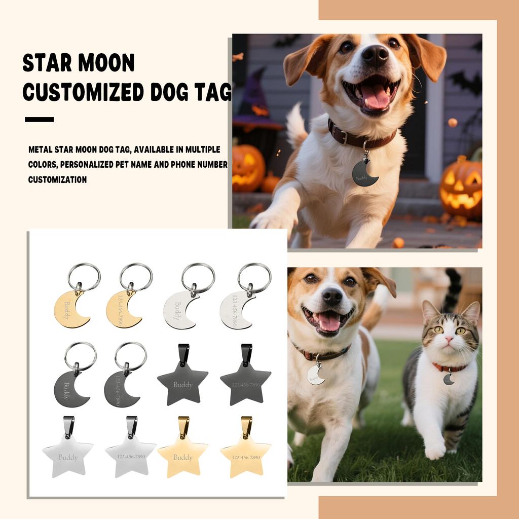 Personalized Engraved Stainless Steel Star And Moon Themed Pet Nameplate Ornaments For Cats And Dogs