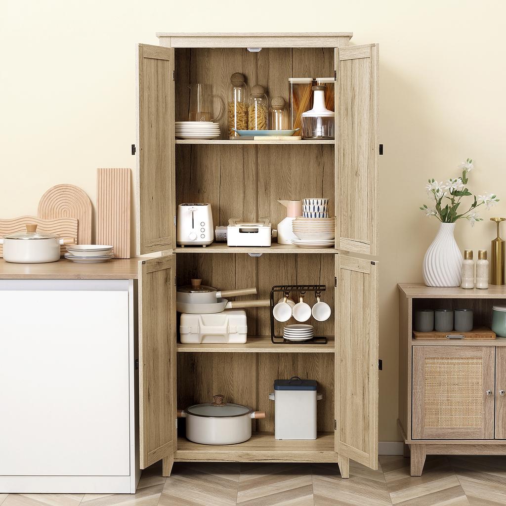 4-Door Kitchen Cabinet with Adjustable Shelves and Raised Base in Wood 80x40x182cm