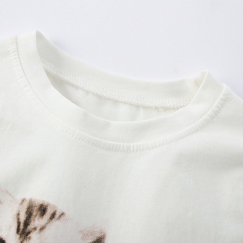 Trade Children's Clothing for Girls, Milky White Kitten Design, 2025 Autumn New Round Neck Pullover Children's Top, Spring and Autumn New Style