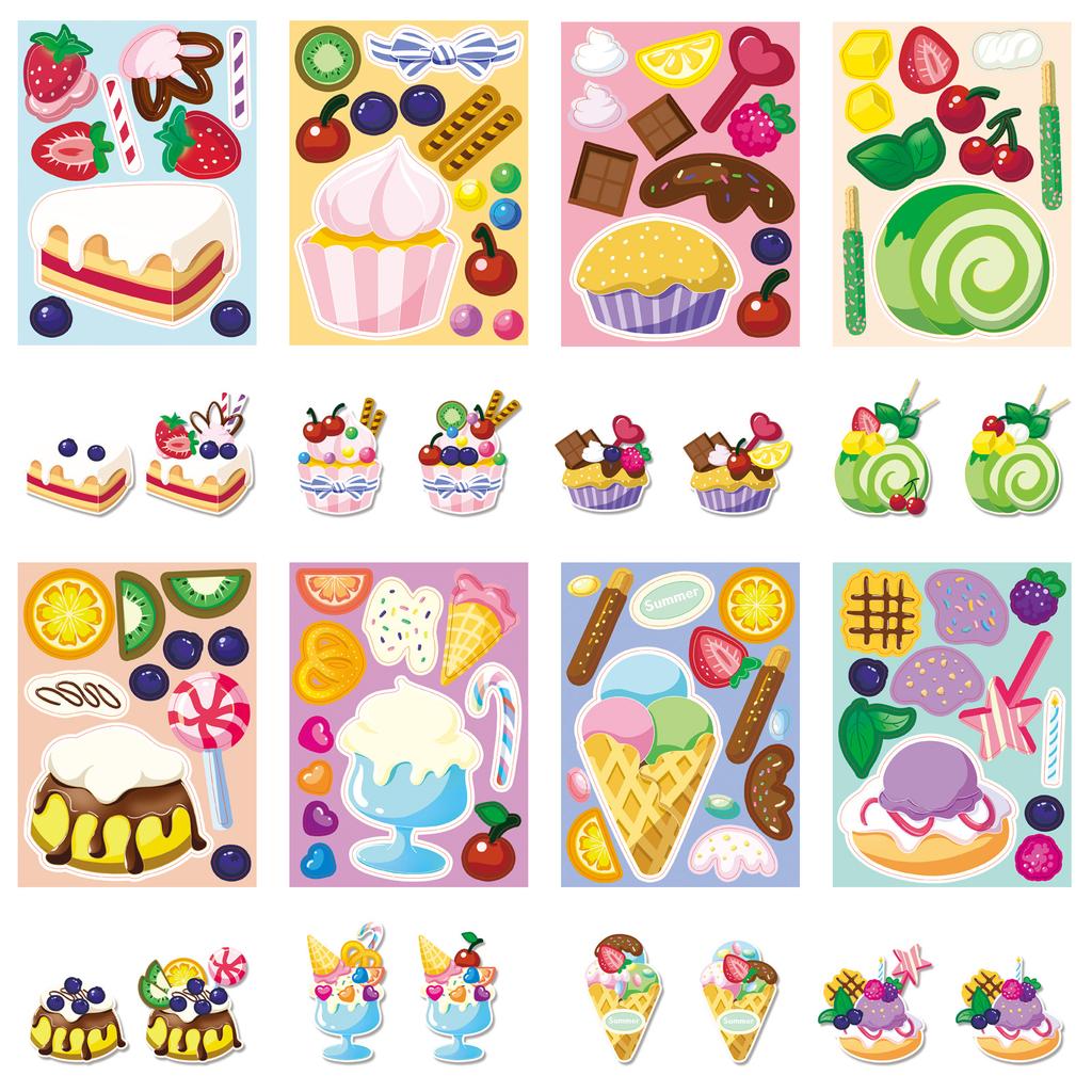 8 Photos/set of Dessert Cake Graffiti Stickers Cartoon Cute Children Reward Puzzle DIY Early Education Puzzle Stickers