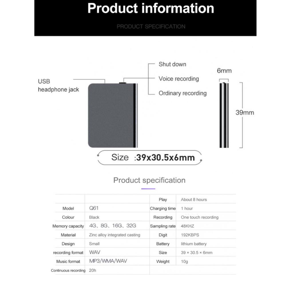 Ultra-Thin Professional Sound Digtal Recorder 32GB Portable Mini Voice Activated Dictaphone HD Noise Reduce Recording MP3 PlayerA