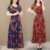 Women Maxi Dress V Neck Flower Print Short Sleeve Ankle Length Loose Dress-up Vintage Pullover Plus Size Summer Dress Women Clothes