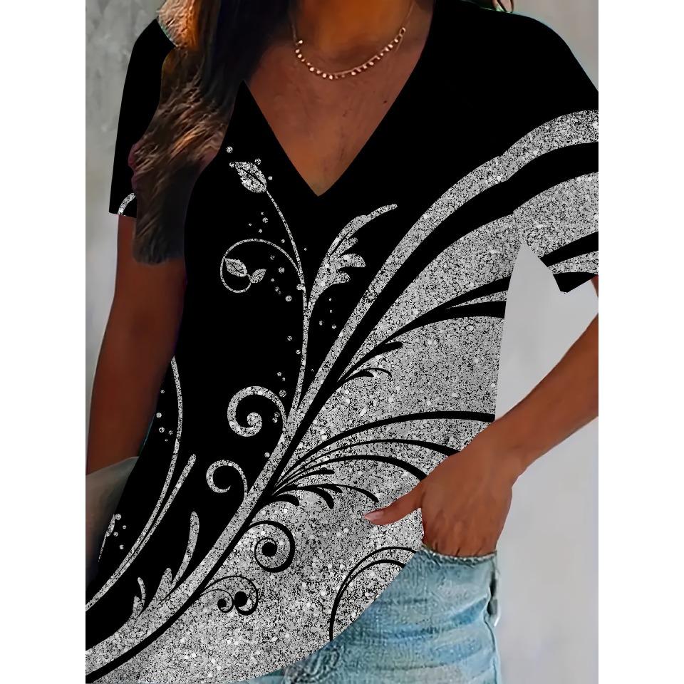 Vintage Floral Summer Fashion Casual Women's T-Shirts 3D Print V-Neck T-Shirt Daily Loose Short Sleeve Tops