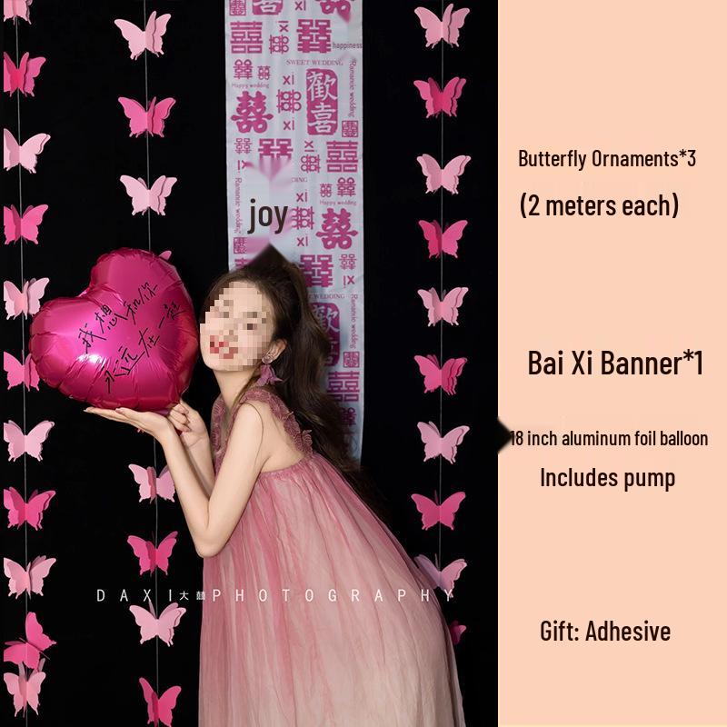 3D Butterfly Wedding Room Decoration Set: Double Happiness Curtains and Pull Flower Ornaments