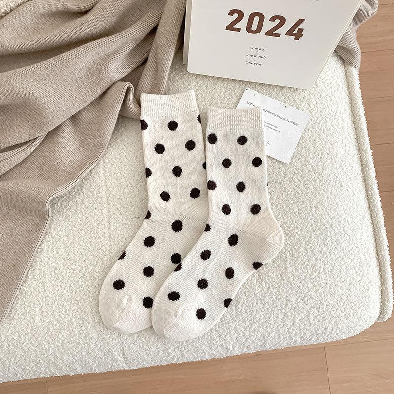 Socks Thickened Warm And Versatile Polka Dot Black Wool Maillard Coffee Color Mid-Leg Socks