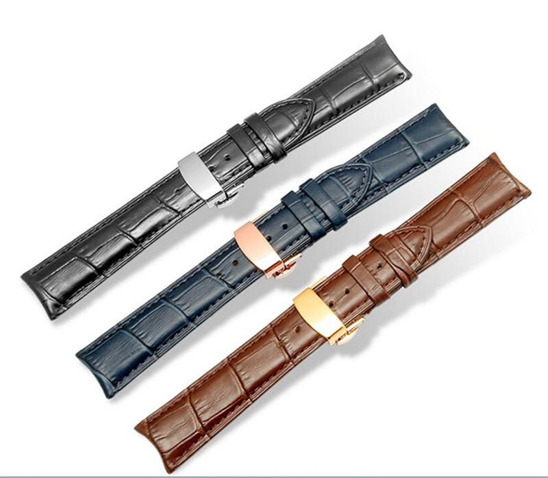 Durable Black Brown Blue Genuine Leather Watchband 18 19 20 21 22mm Curved End Deployant Buckle Calfskin Strap For Brands Watch