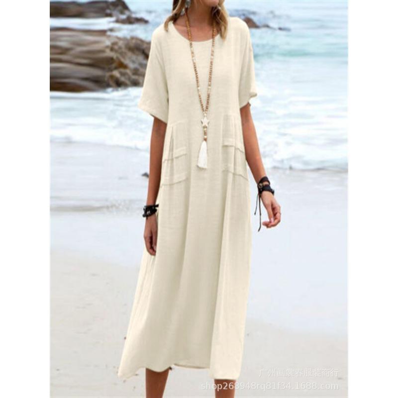 New Women's Cotton Pocket Casual Solid Color Short Sleeved Dress