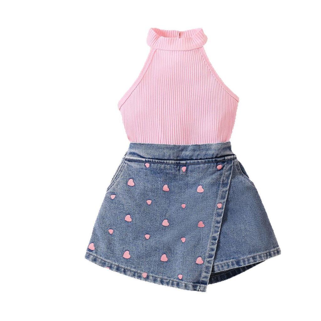 Mädchen Mode Set 2025 Sommer Kinder Freizeit Einfarbig Ärmelloses Top Denim Herz-bedruckte Shorts 2-teiliges Set