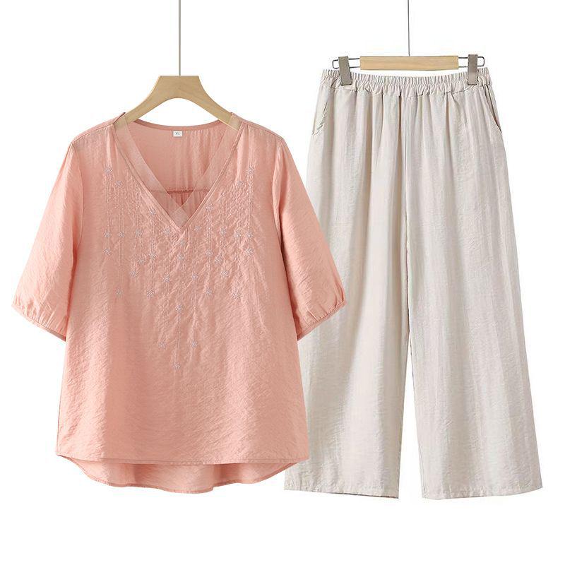 2026 Women's Embroidered Lace V-Neck Suit with Pants and T-Shirt for Summer