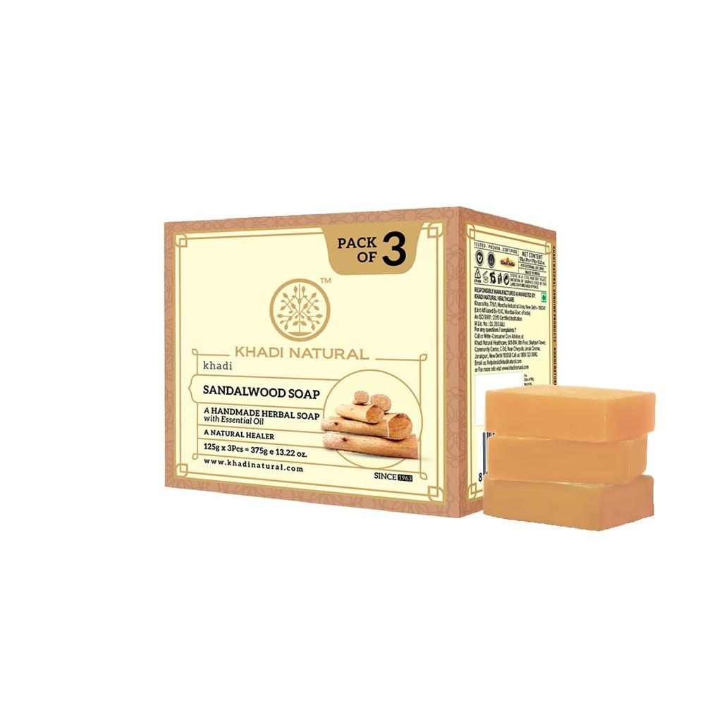 Khadi Natural Sandalwood Bath Soap Bar With Essential Oils For Smooth Soft Skin Gentle Daily Cleansing Pack Of 1 (125g x 3 pcs)
