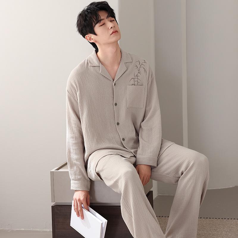 Herrenpyjama aus reiner Baumwolle, Klasse A, doppellagig - Langarm, Chinesischer Stil, Lockere Passform, Hochwertige Frühlings- und Herbst-Homewear.