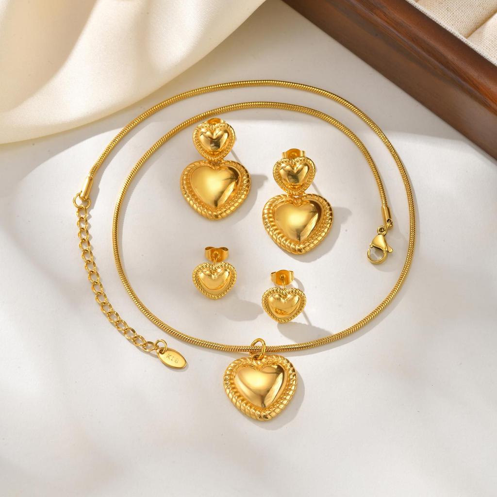 Jewelry Stainless Steel Round Snake Chain Heart 18K Gold Necklace Earrings Women'S Fashion Accessories 2106