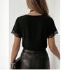 V-neck lace patchwork short-sleeve T-shirt women's summer new loose fashion top