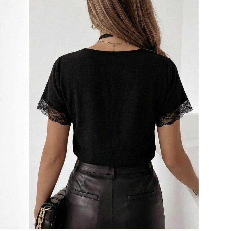 V-neck lace patchwork short-sleeve T-shirt women's summer new loose fashion top