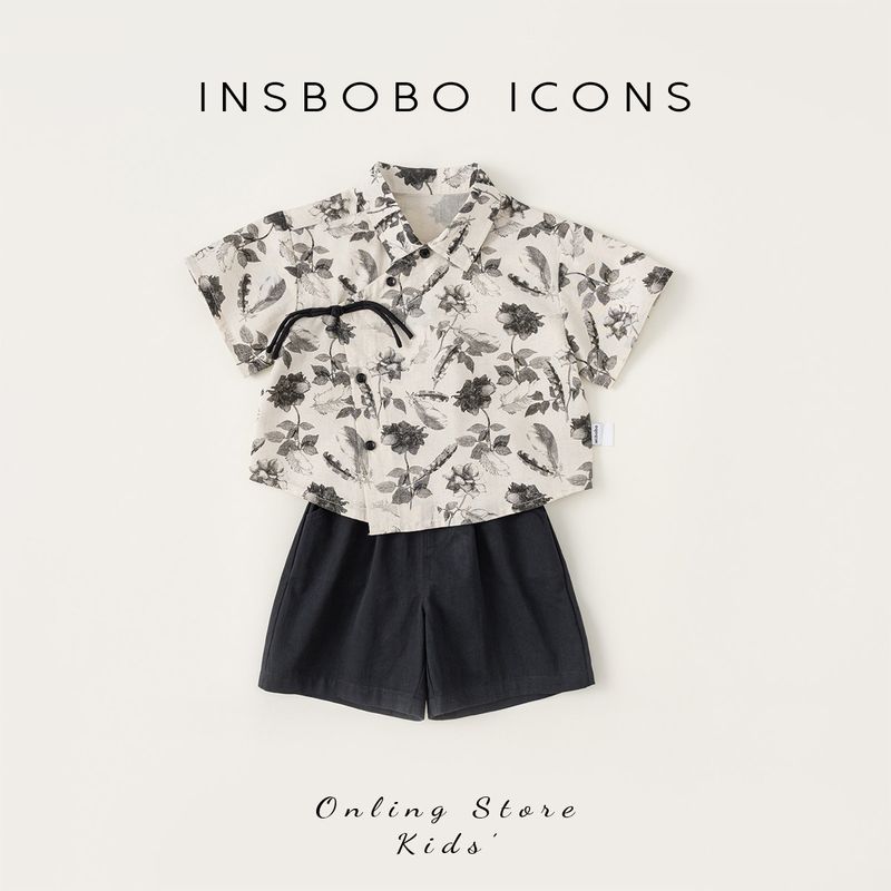 Insbobo Western Style Shirt Shorts Boy Summer Clothing Apricot+Black 90