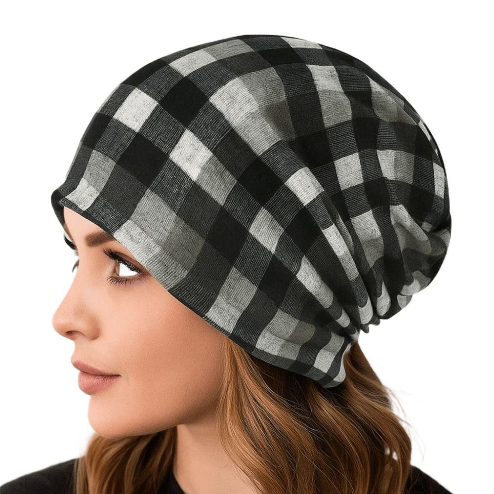 Kontrastfarben Pullover-Mütze Karomuster Multifunktional Lässig Überziehmütze Schal Pullover-Mütze Turbanmützen Herbst und Winter