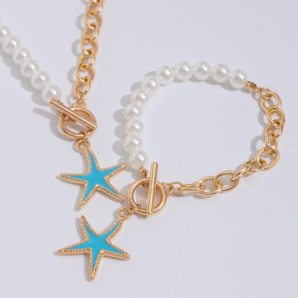 European and American accessories Ocean style colorful starfish pendant necklace Beach vacation asymmetrical imitation pearl necklace