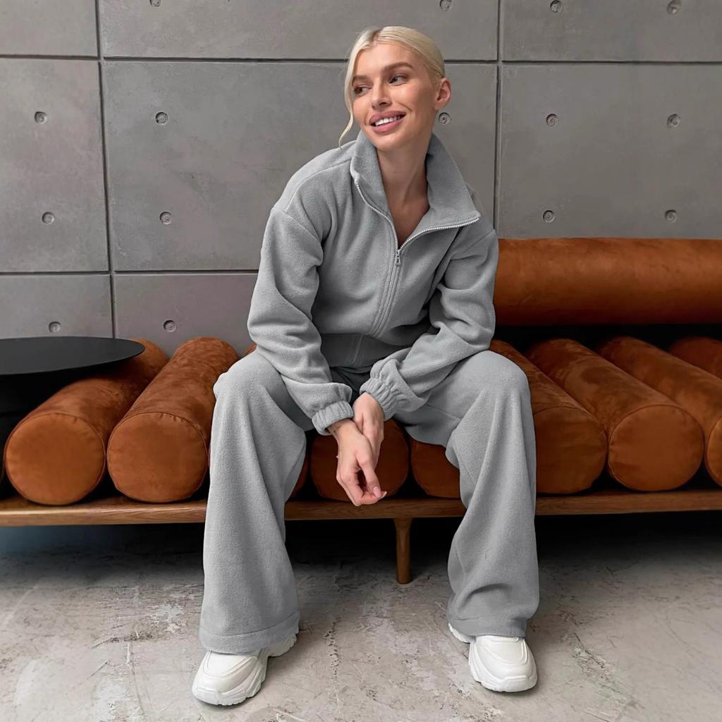 European and American casual women's fleece set thick solid color long-sleeved zipper cardigan elastic wide-leg pants two-piece set