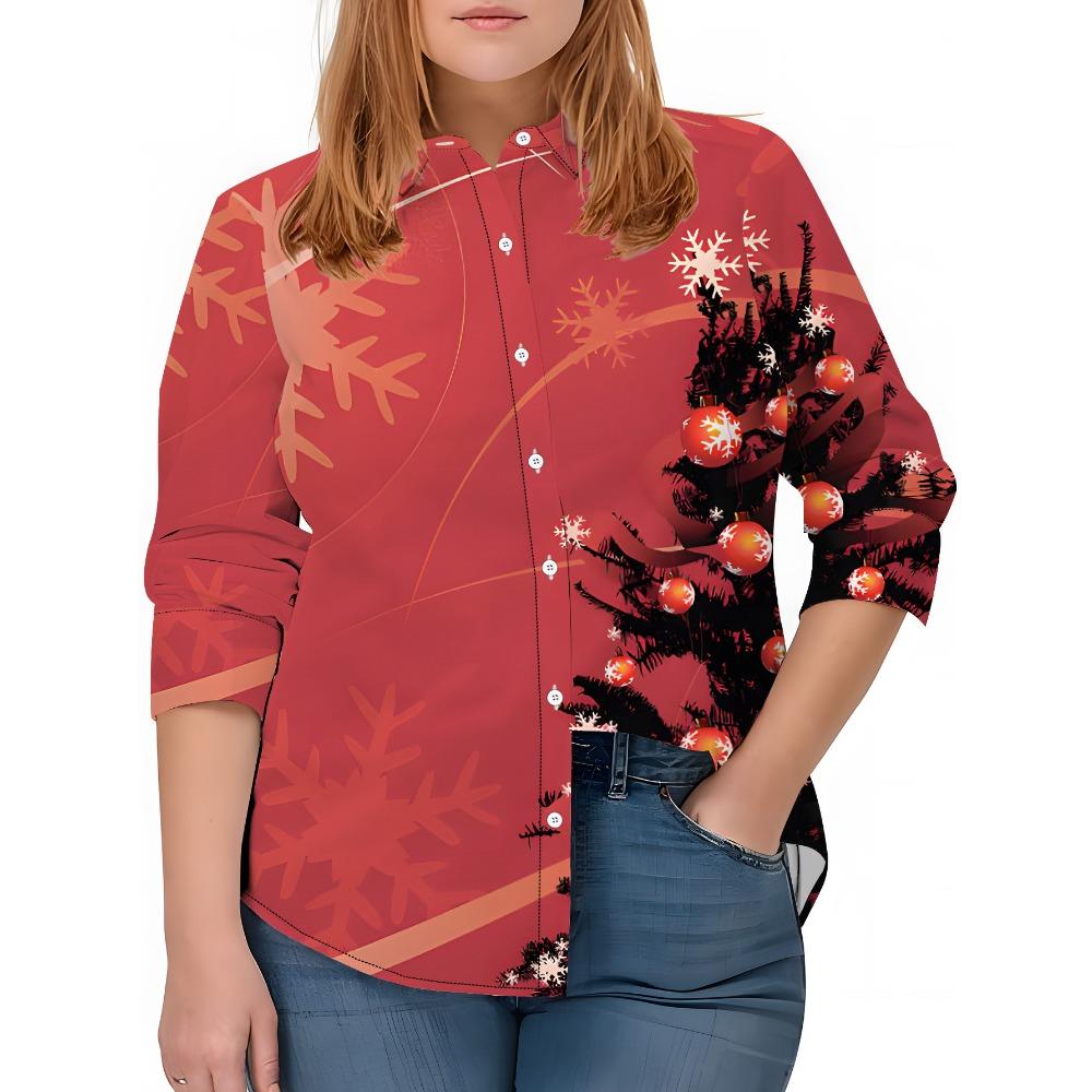 Large Size Women's Long Sleeve Shirt Christmas Theme Loose Printed Shirt Christmas Tree Pattern Medium and Long