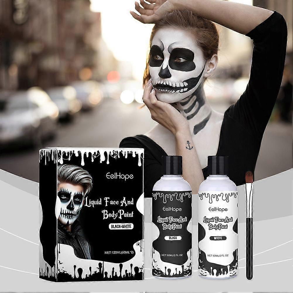 Black and White 60ml Halloween Face Paint Set with Brush, Easy To Use and Smudge-Proof for Parties and Stage Performances