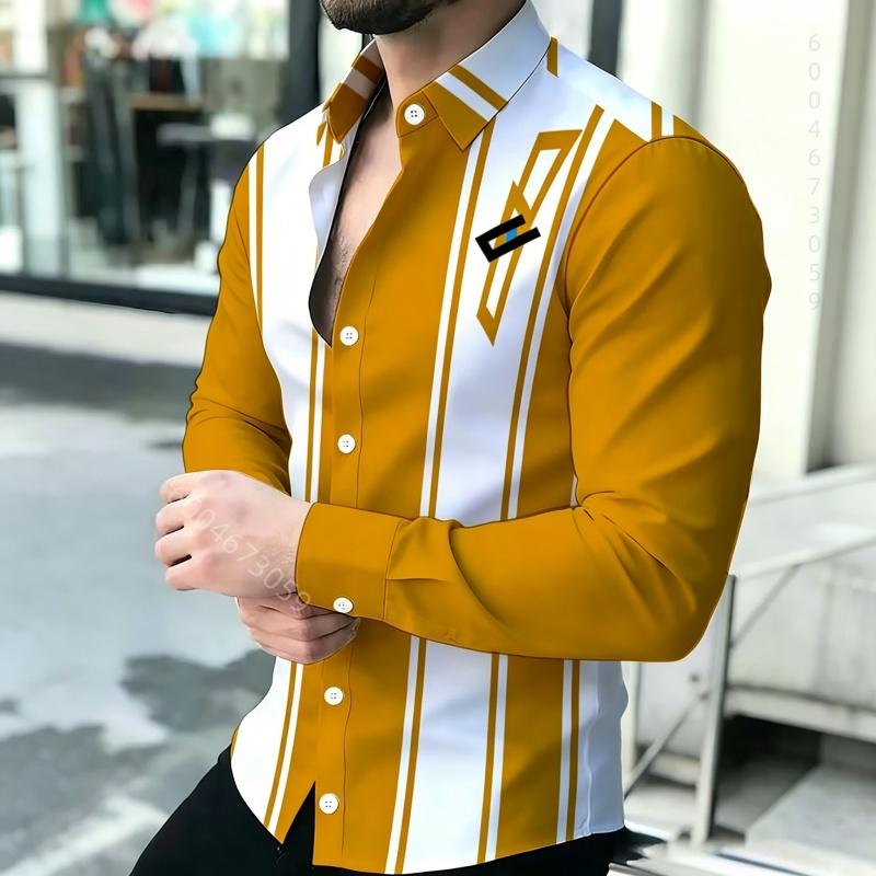 Men's Shirt with Contrasting Striped Print, Slim Fit Collar, Long Sleeved Business Casual Shirt, Available In Multiple Colors