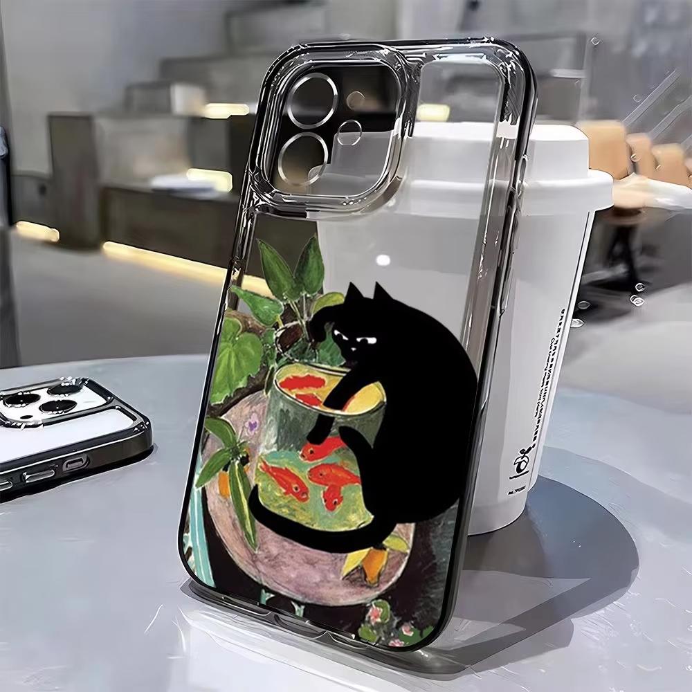 Süße Schwarze Katze Weinflasche Druck Handyhülle für iPhone 17 16 15 14 13 12 11 16E Serie Pro Max Plus Doppelschichtiger Schutz