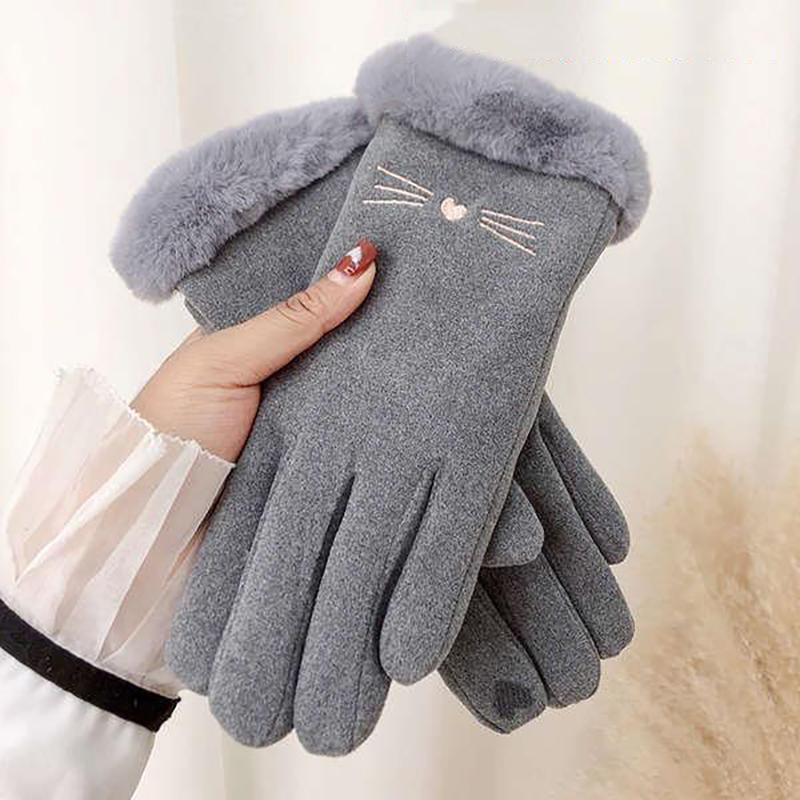 Autumn Winter Warm Suede Gloves Plus Velvet Thickened Plush Decor Cuff Gloves Outdoor Coldproof Touchscreen Riding Ski Gloves