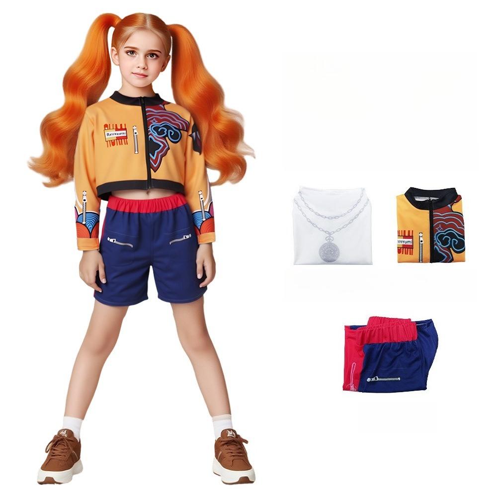 3pcs/set Girls Lead Vocalist Rumi Yellow Printing Cosplay Costume Children Party Stage Performance Jacket Vest Shorts Set