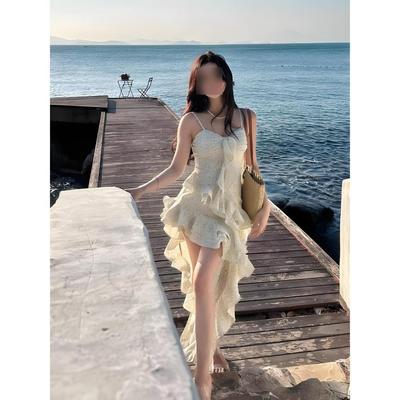 Sweet Lotus Leaf Edge Suspender Dress Fairy Summer Floral Skirt Irregular Temperament Seaside Beach Dress