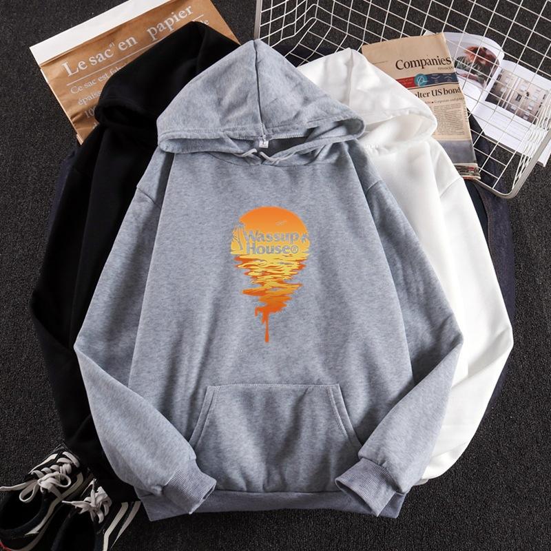 Sunset Print Fleece Long-Sleeved Sweater Men'S And Women'S Pullover Hooded Couple Casual Loose Coat