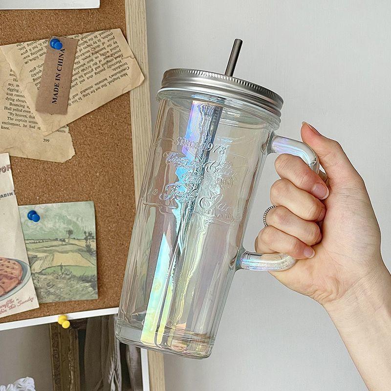 High-capacity 580ml Glass Coffee Mug with Safety Stainless Steel Straw and Lid Sealing Cover Home Drinks Glass Cup with Handle