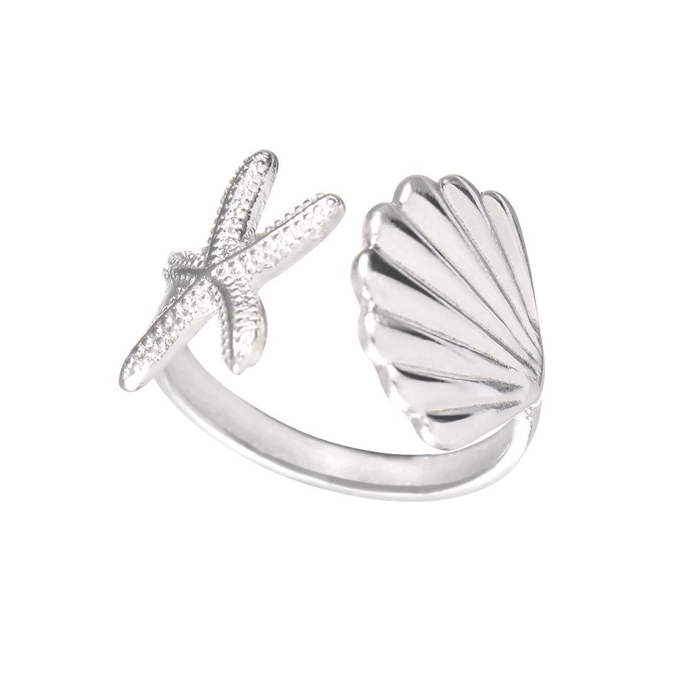 925 Sterling Silver Ocean-Themed Starfish and Shell Open Ring