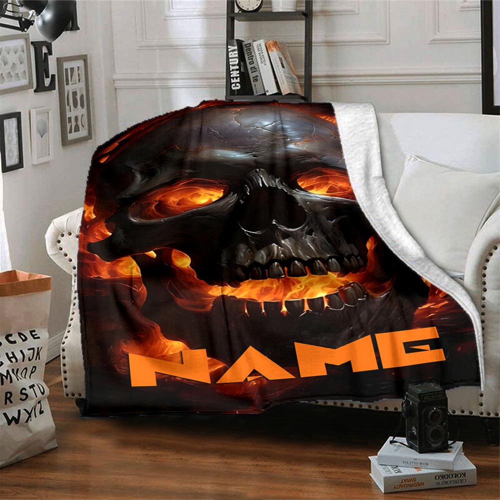 Fiery Skull Flames Throw Personalized Blanket Personalized Name Warmthful Decor For Sofa Couch Office Bed Picnics Four Seasons Multipurpose Digital