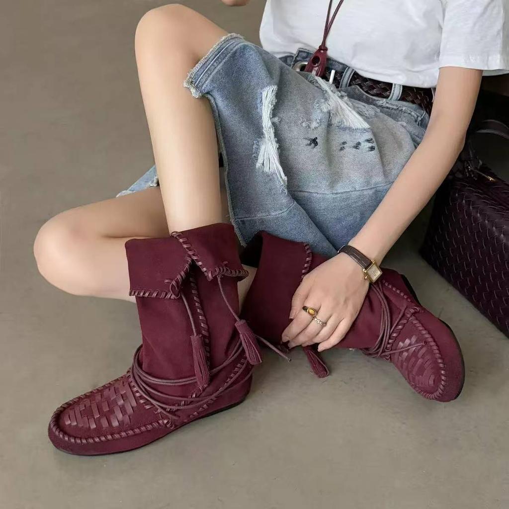 Cowhide~ Inner Heightening Boots, Retro Fringed Straps, Western Boots, Women's Genuine Leather Slim Boots, Foldable Stacked Boots