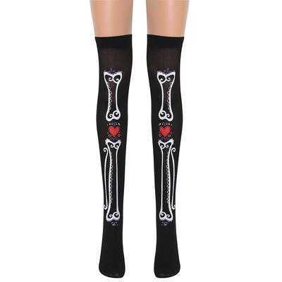 Halloweenské punčochy s kostlivci, Punčochy nad kolena, Červené punčochy s kostmi Láska pro Halloweenskou párty a Ples, Punčochy pro Den duchů