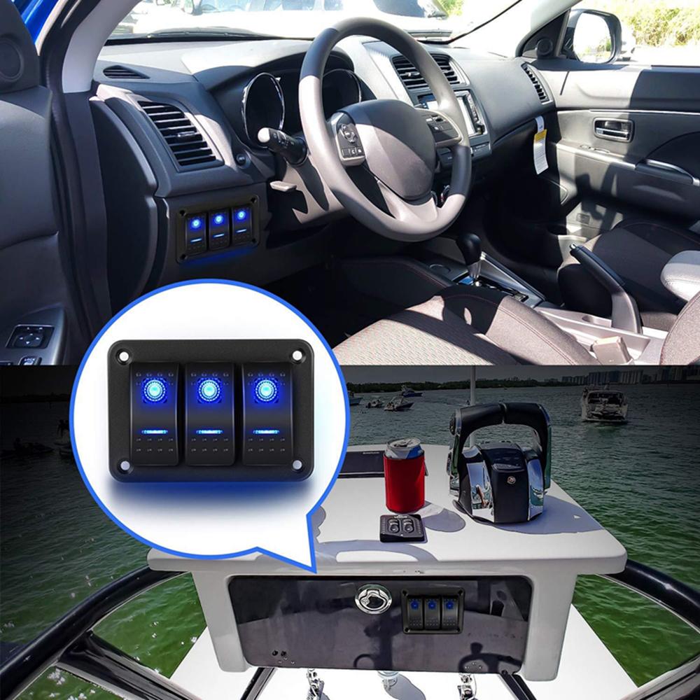 3 Gang Toggle Rocker Switch Panel USB Car Boat Marine RV Truck Blue LED 12V-24V