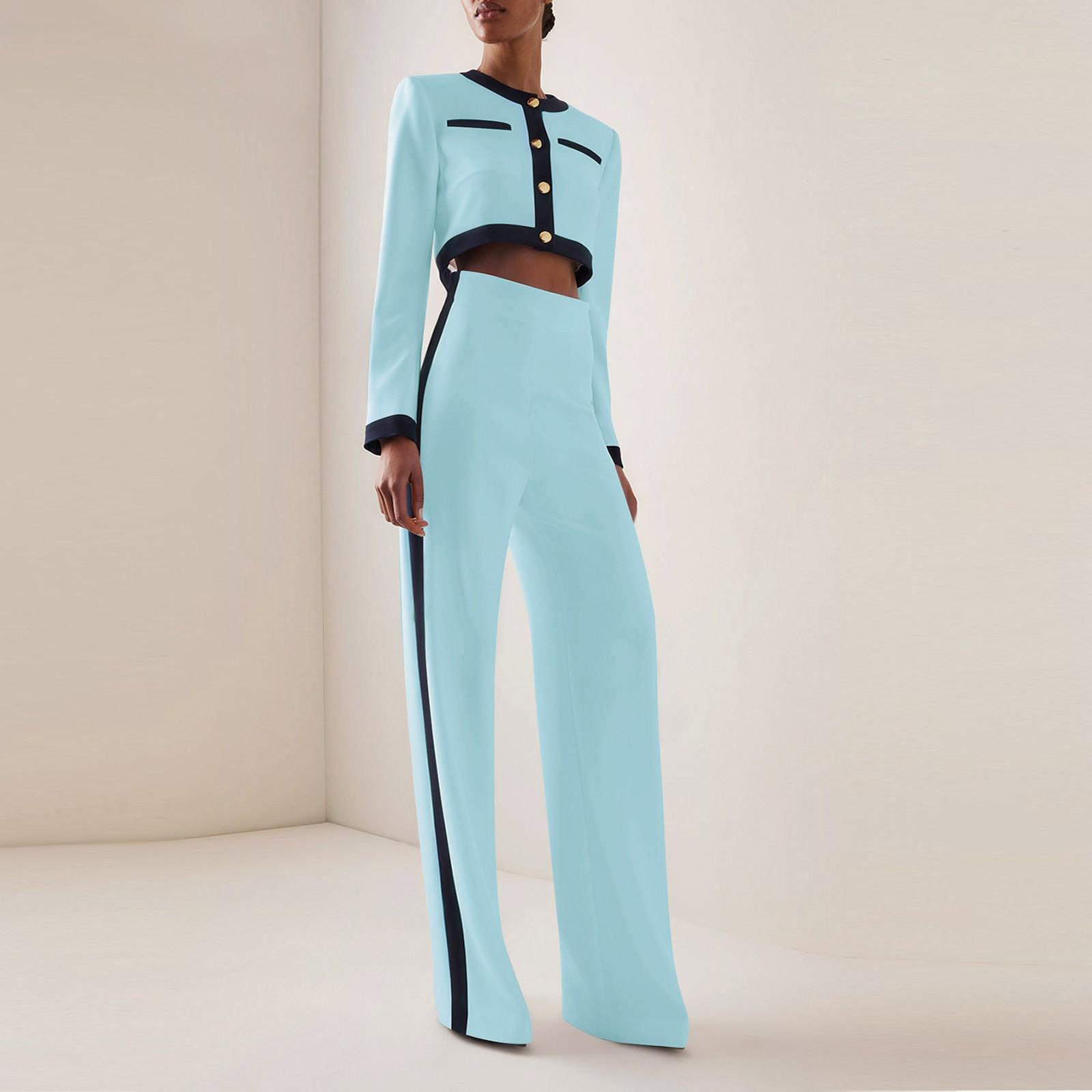 

Женская мода, повседневный комплект с круглым вырезом, однобортный топ и брюки с длинными рукавами XXL небесно-голубой