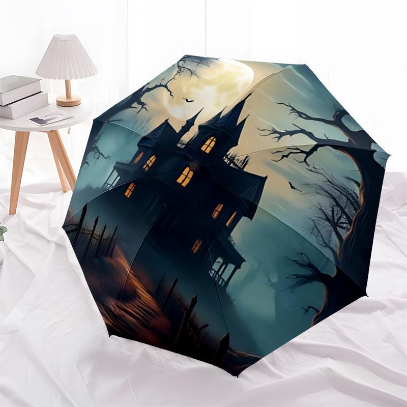 1pc Haunted House Moonlit Automatic Folding Umbrella, Lightweight Retractable Compact Travel Umbrella, 8-Rib Sturdy Frame, Fine Outdoor Umbrella036