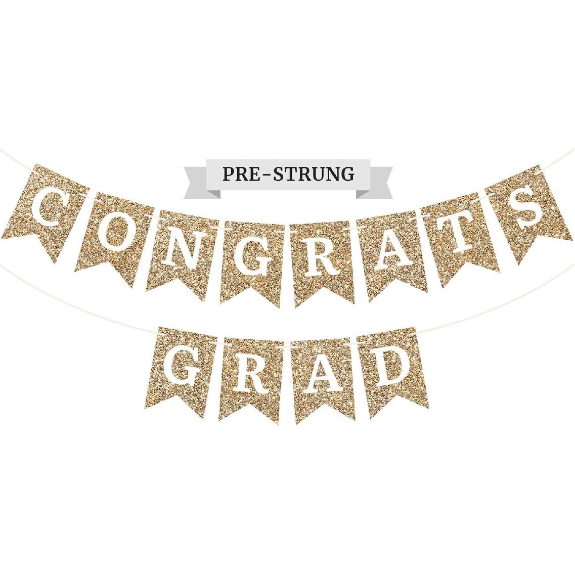 Pre-strung Congrats Grad Banner - No DIY - Gold Glitter Graduation Party Banner - Pre-strung Garland on 6 ft Strand - Gold Grad Congrats Class of