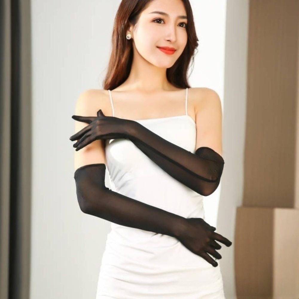 Ultra-thin Transparent Gloves Elbow Mesh Full Finger Gloves Fashion Sunscreen Mittens Bride