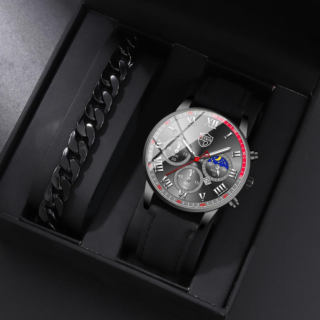 2PCS Set DEYROS Fashion Student Watch Business Men leather Strap Calendar Watch New Men Quartz Watch&Bracelet Men Gift