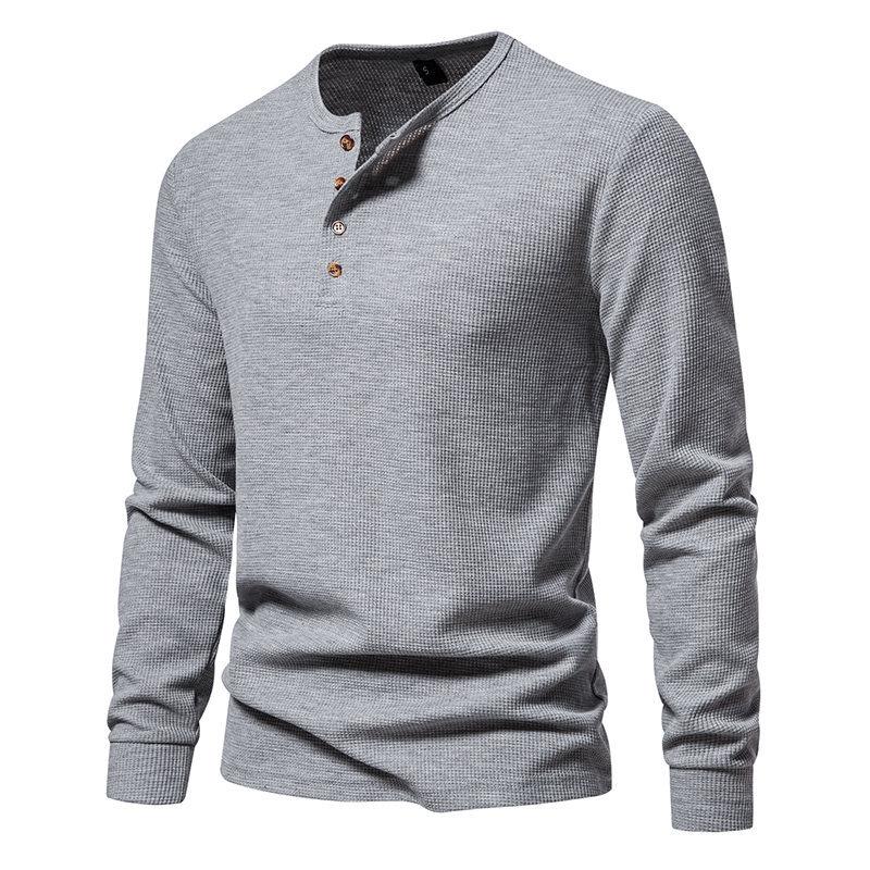 Spring Autumn Waffle Henley T-Shirt Men Basic Breathable Men's Long Sleeve Tops Tees Casual Solid Color Button T Shirts